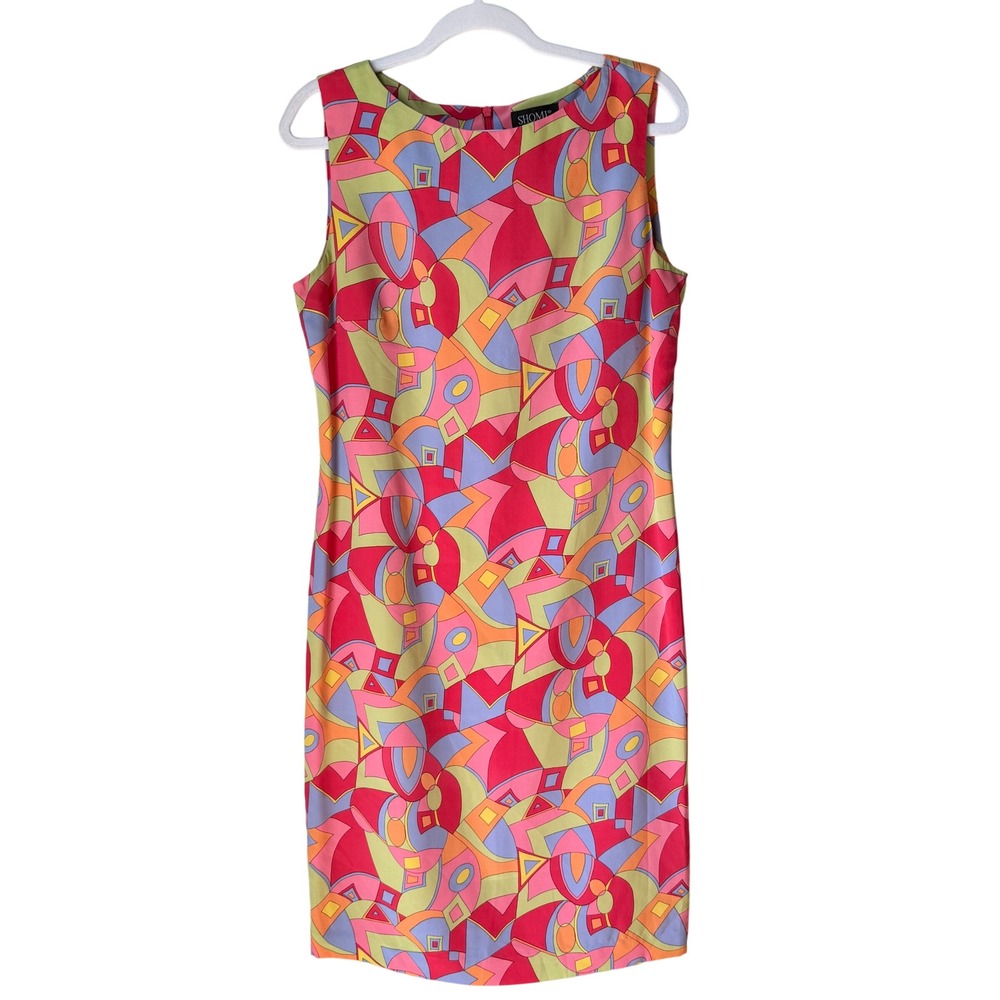 Vintage Shomi 100% Silk Midi‎ Dress Colorful Abstract Print Retro Mod Size 10